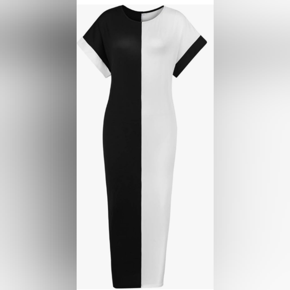 Black-White Women's Summer Boho short sleeve maxi dress